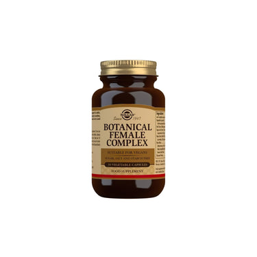 A bottle of Solgar Botanical Complex for Women, with 30 vegetable capsules, provides menopause support through its unique blend. It is vegan-friendly and does not contain sugar, salt, or starch.